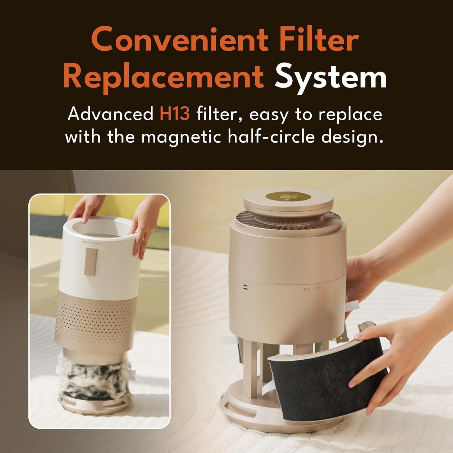 PetSnowy Smart Air Purifier for Pets, Advanced TiO2 Odor Removal,320-540 ft² Coverage, TVOC Air Quality Detection, H13 Filter with Magnetic Replacement, Quiet 18-64dB